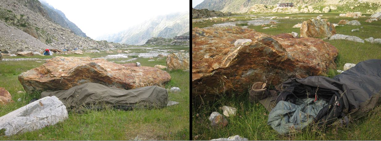 examples of bivouac bag, the bivvy bag is tucked behind a rock in the mountains.